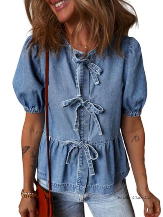 Tops - Womens Denim Blouse Bow Tie Front Puff Sleeve Babydoll Peplum Summer Trendy